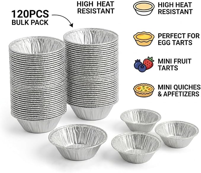 2.2" Mini Aluminum Foil Tart Pans (120 Pack), Small Baking Cups Disposable Foil Liners for Egg Tarts, Bitesize Mini Quiche, Flexible & Stackable