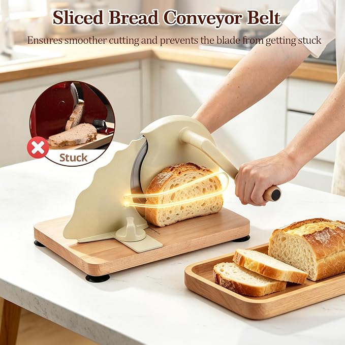 Manual Bread Slicer for Homemade Sourdough Bread, Classic Sourdough Bread Slicer with Scale Line and Stainless Steel Blade, Adjustable Thickness&Evenly Slicing, Cream
