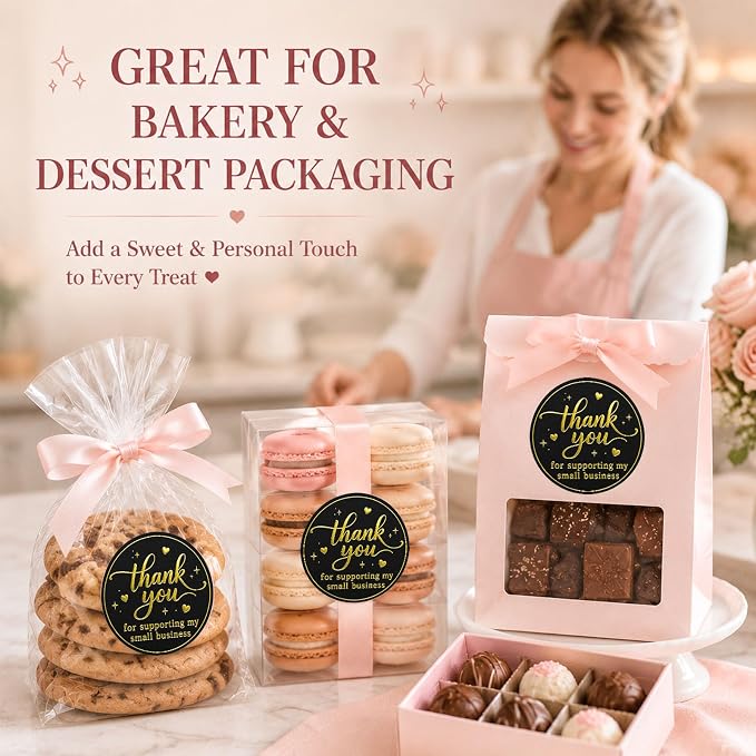 100PCS Thank You for Supporting My Small Business Stickers, Black Gold Foil Labels for Boutique Packaging, Bakery Boxes, Dessert Treat Bags, Shipping Mailers, Handmade Sellers & Small Shops.1.6 inch