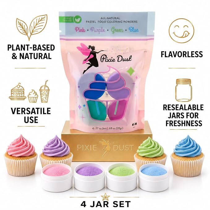 All-Natural Food Coloring Powders Pastel Set - Pink, Purple, Blue & Green. | Perfect for cake decorating, cookie frosting, icing & drinks | Dye-Free, Plant-Based, Flavorless, Kosher | No-Carmine, No annatto, No Propylene Glycol | By PIXIE DUST | Medium...