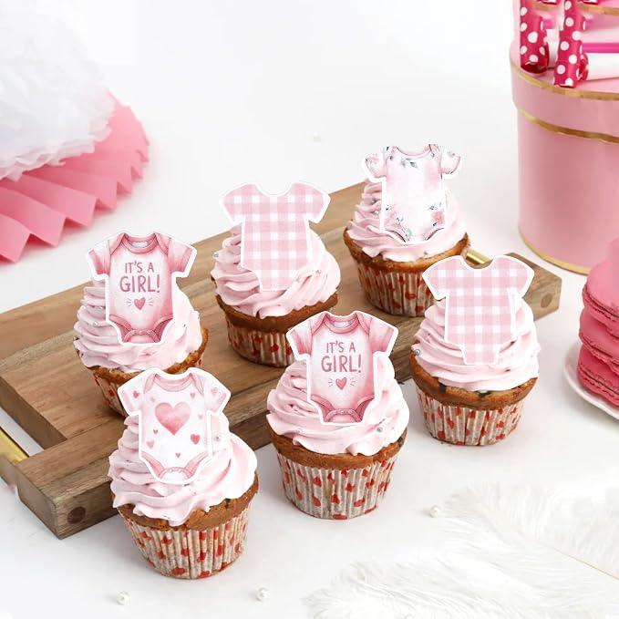60 PCS Edible Bodysuit Cupcake Toppers Wafer Paper Baby Girl Cupcake Picks Edible It's a Girl Gingham Theme Party Decorations for Girls Birthday Gender Reveal Baby Shower Party Cake Decorations
