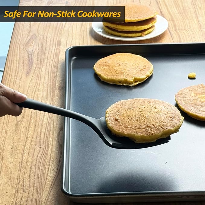Large Size Silicone Spatula Set, 600°F Heat Resistant Silicone Spatula Turner Flipper for Cooking, Non Stick and Non Scratch Kitchen Utensils for Eggs & Pancakes, 2-Pack, Black