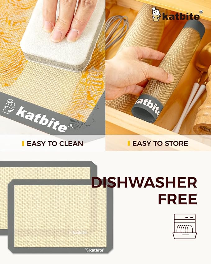 Silicone Baking Mat, Katbite Large Baking Mat Set of 3-2 Half Sheets Mats (11 5/8" x 16 1/2") + 1 Quarter Baking Sheets, Reusable & Nonstick Bakeware Mats for Cookies, Macarons, Bread and Pastry