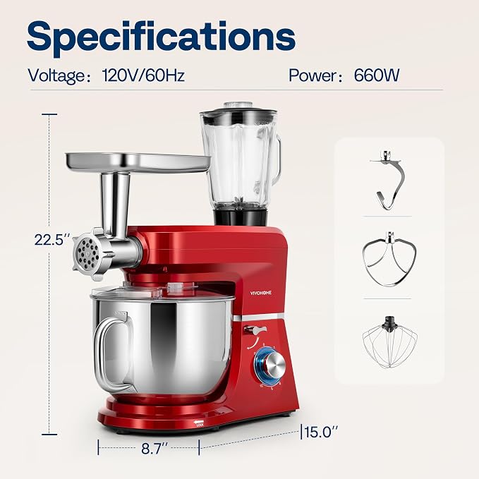VIVOHOME 6-in-1 Stand Mixer, 8.5 Quart Electric Tilt-Head Kitchen Mixer with Bowl, Multifunctional Food Mixer for Cake, Bread, and Dough, with Meat Grinder, Blender, Pasta Maker Attachments, Red
