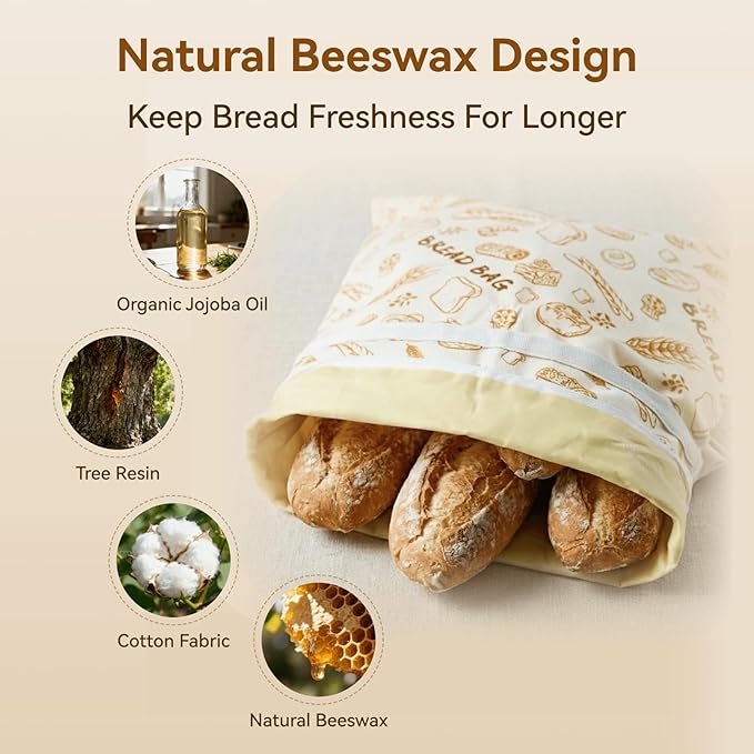 Bread Bag for Homemade Bread - 2 Packs XL Reusable Organic Beeswax Natural Cotton Sourdough Bag, Homesteading Essentials Sourdough Bags with Sealing Zip to Keep Fresh(13×17 Inches)