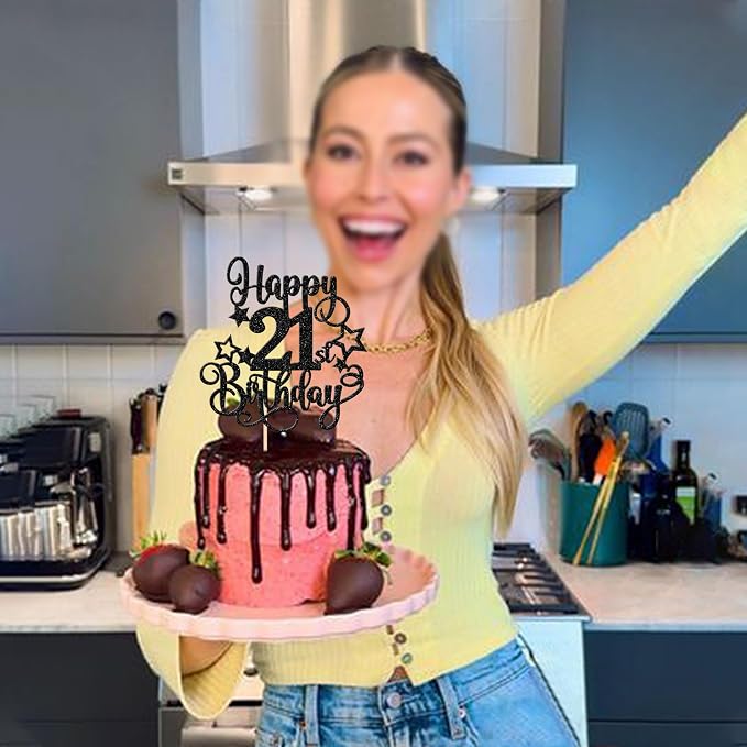 1 PCS Happy 21st Birthday Cake Topper Glitter Cheers to 21 Years Birthday Cake Pick Hello 21 Fabulous Cake Decoration for Happy 21st Birthday Anniversary Party Decorations Supplies Black