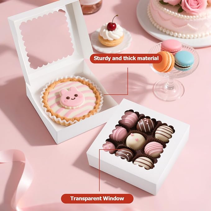 20 Pcs Chocolate Covered Strawberry Boxes with Window, Auto-Pop-Up 8x8x2.5 inches White Treat Boxes for Bakery,Pastry, Cookie, Dessert, Donut and Muffin
