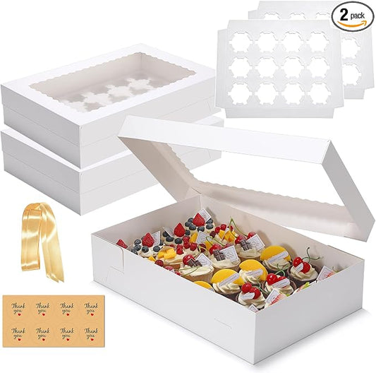 2 Pack 24 Count Standard Cupcake Boxes with Window & Inserts White | Cupcake Containers Bakery Box for Standard Muffins, Pastry Dessert for Birthday Party, Wedding, Baby Shower-17.5x11.5x4 Inch