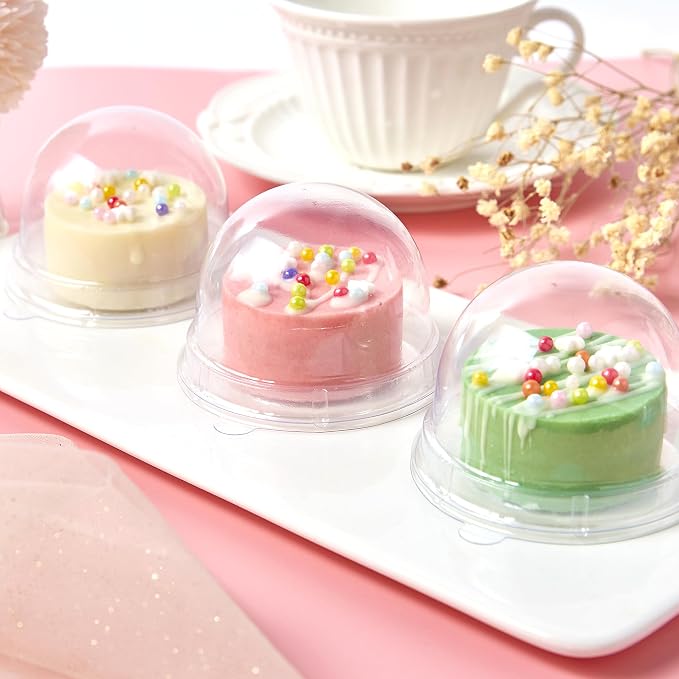 TOFLEN Mini Dessert Containers with Dome Lids, 100Pcs Clear Plastic Individual Ore Cookie holder, Small Cake Box for Mini Cupcake, Cocoa Bomb, Strawberry, Cheesecake and Mooncake (Clear Base)