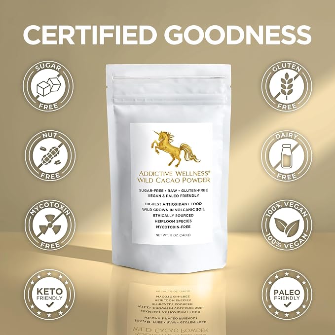 Addictive Wellness Raw Cacao Powder - Wild-Grown Heirloom Mycotoxin-Free Arriba Nacional Unsweetened Chocolate Powder, Vegan, Keto & Paleo Friendly 340g (12 Ounce)