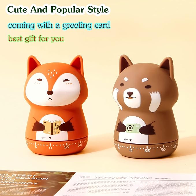 Mechanical Kitchen Timer, Cute Animal Wind Up 60 Minutes Manual Countdown for Kids, Classroom, Home, Study and Cooking (Orange Fox)