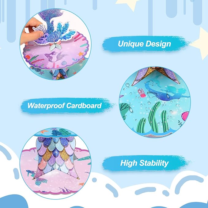 BACUTHY 2 Pack Mermaid Cupcake Stand Birthday Party Decorations, Under The Sea Supplies Favors with Mermaid Tail Toppers for Little Girl, Baby Shower