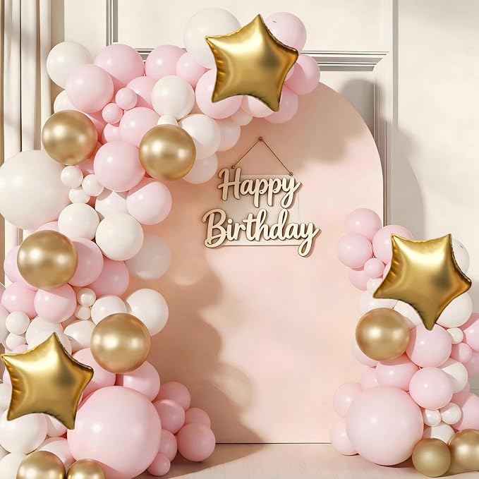 Pink White Gold Balloon Arch Garland Kit 143Pcs Pink White Metallic Gold Latex Balloons with Star Foil Balloons for Wedding Bridal Shower Birthday Party Decorations