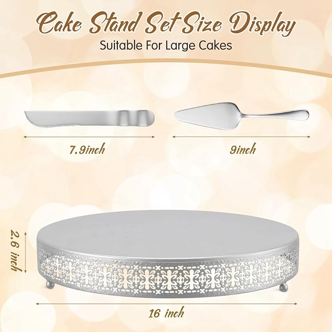 Wenqik Silver Cake Stand 16 Inch Metal Round Cupcake Dessert Wedding Cake Stand with Cutting & Spatula Cookies Display Holder Fruit Serving Tray for Table Wedding Birthday Anniversary Party