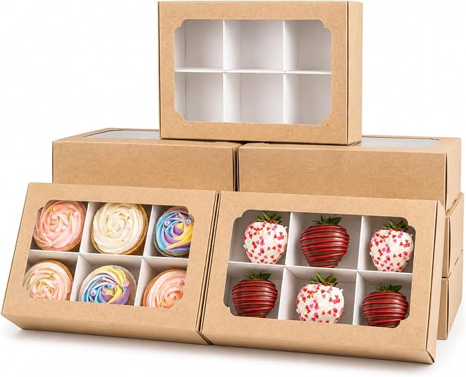 Zealax Kraft Bakery Boxes with Window and Dividers Cookie Packaging Small Treats for Gift Giving, Macaron Boxes Treat Boxes for Mini Cupcakes, Chocolate Covered Strawberries, 10 Pack, 9x6x2.5 Inch