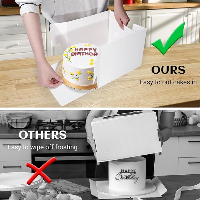 TLAZZ 15 Pcs 10x10x8 Inch Tall Cake Boxes with Window, White Square Cheesecake Bakery Boxes, Large Cardboard Cake Baking Boxes with 90 Stickers for Cakes, Pies, Wedding, Birthday Party