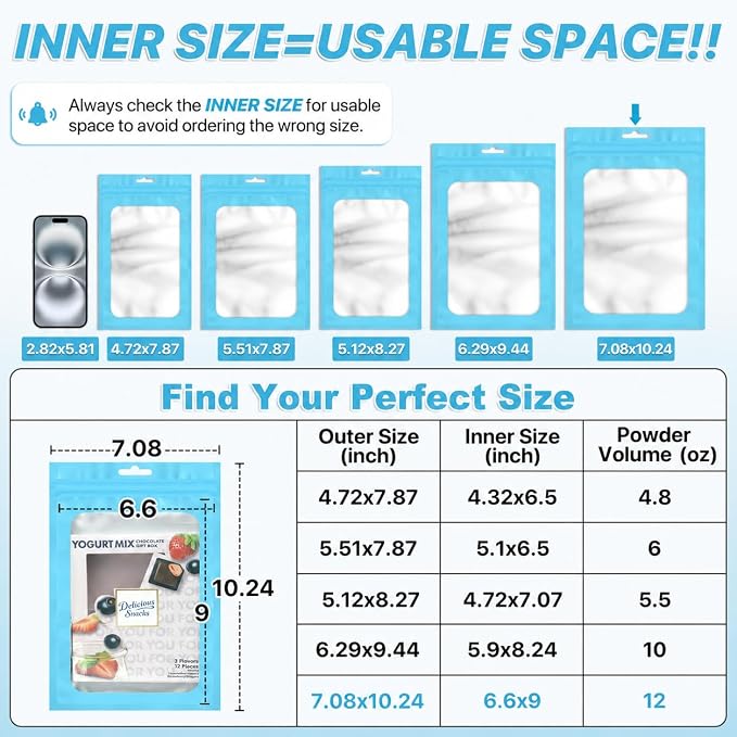 ANZNKU 100 Pack Lake Blue Resealable Mylar Bags with Frosted Clear Window 7.08x10.24", Smell Proof Sealable Packaging Bags for Small Business, Foil Pouch Zip Goodie Bag for Candy Treat Jewelry