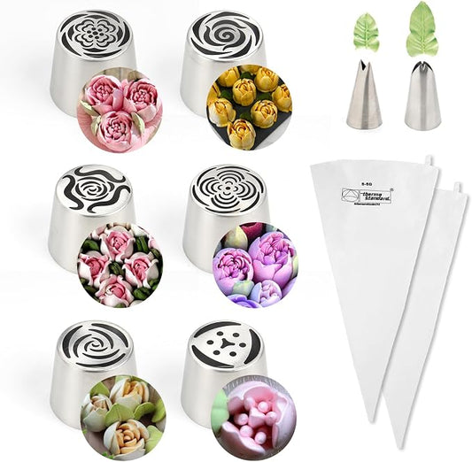 10Pcs Extra Large Russian Piping Tips Set, Stainless Steel Rose Flower Nozzles for Cake Decorating, Includes 6 Extra Large Flower Tips, 2 Leaf Tips, 2 Cloth Piping Bags, Baking Tools