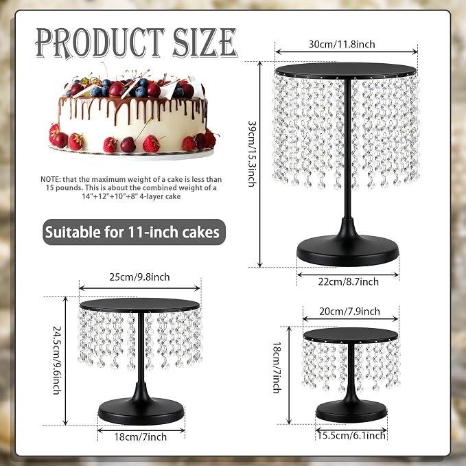 Metal Cake Stand Set with Crystal Pendants - Elegant Dessert Table Display for Weddings, Birthday Parties, Baby Showers, Events - Sturdy Crystal Bling Cupcake Stands for Pastries, Sweets, Decorations (Black, Set of 6)