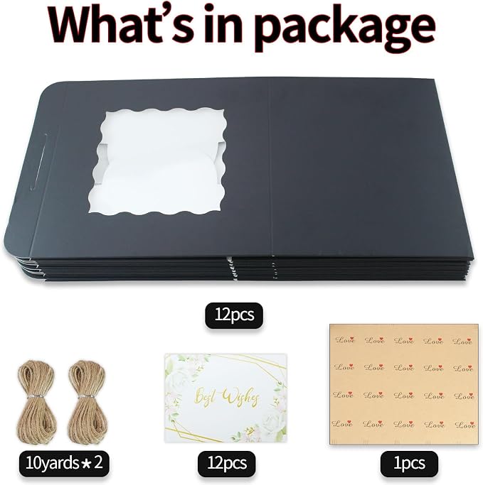 12 Pack 6x6x5 Inch Cake Boxes with Window, Black Bakery Carriers for Bento Cake, Cupcakes, Cookies, Dessert Treats – Perfect for Valentine's Day, Mother's Day Gifting