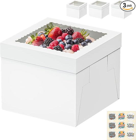 3 Pack Cake Boxes, 12x12x8 Inches Tall Cakes Box, White Cake Boxes with large Window, Square Bakery Box, Disposable Cakes Transport Containers, for Cake Cookie Dessert Pastry, Birthday Party, Weddings