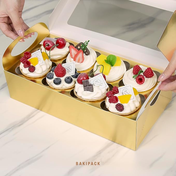 15 Gold Cupcake Boxes 8 Count with Window and Inserts, Cupcake Containers, Cupcake Holder, Muffin Boxes, Treat Boxes for Any Sweets