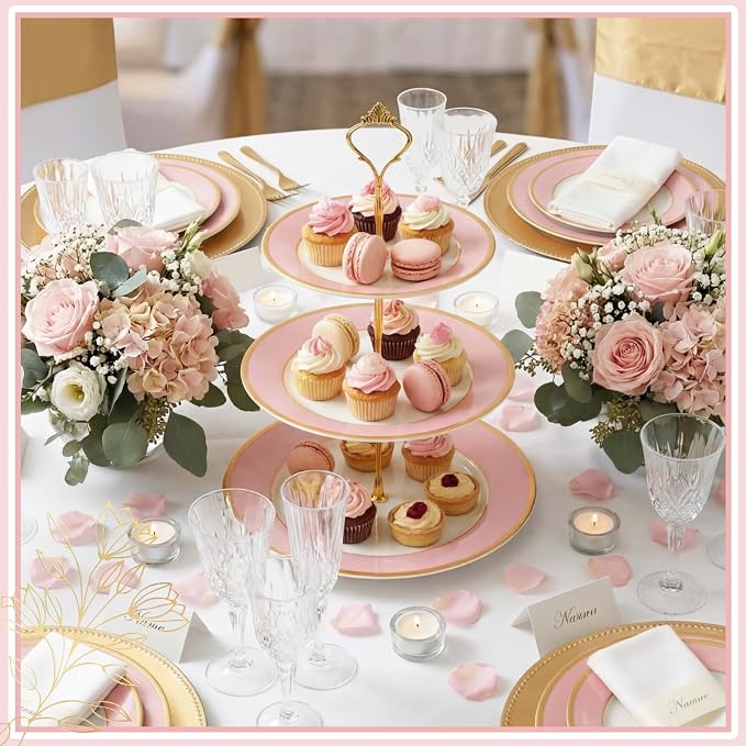 CHENGU 3 Tier Cupcake Stand Pink Ceramic with Gold Frame, 10" 9" 7" Dessert Tower for Baby Shower Birthday Wedding Tea Party, Tiered Cake Holder Display for Cupcakes Pastries Fruits