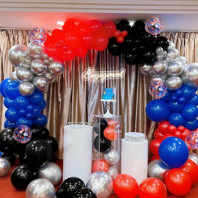 Red Black Blue Silver Balloons Garland Arch Kit, 167Pcs Latex Balloons Different Sizes 18 12 10 5 inch for Birthday Graduation Baby Shower Spider Theme Party Decorations