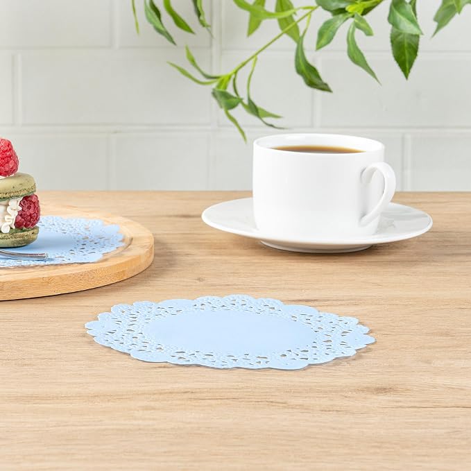 Restaurantware-Pastry Tek 6 x 6 Inch Placemat, 4000 Disposable Table Doilies - Elegant Lace Finish, Long Lasting, Sky Blue Paper Placemat, for Pastries, Cupcakes, Desserts