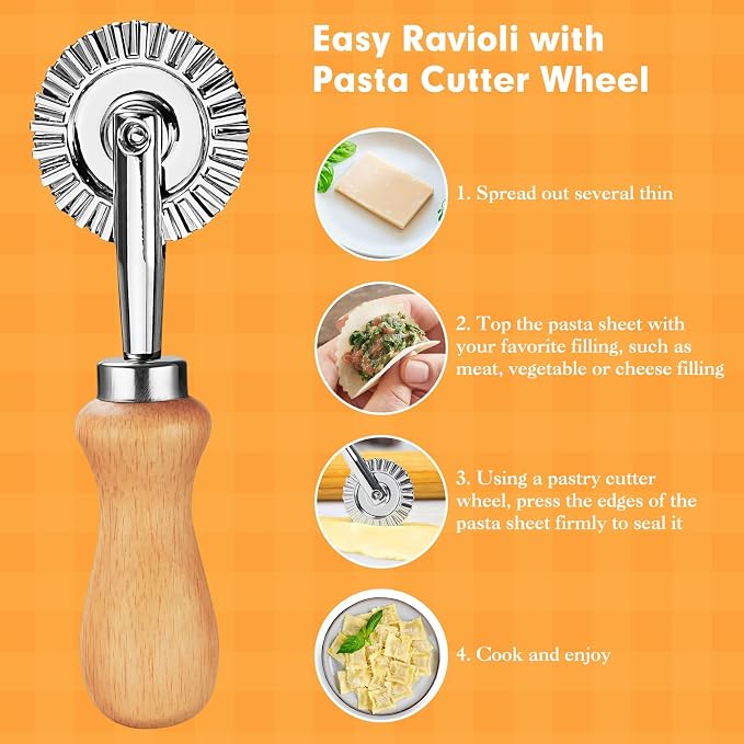 2Pcs Pasta Cutter Wheel Stainless Steel Fluted Pastry Ravioli Cutter Wheel with Wooden Handle Pastry Crimper for Home Kitchen