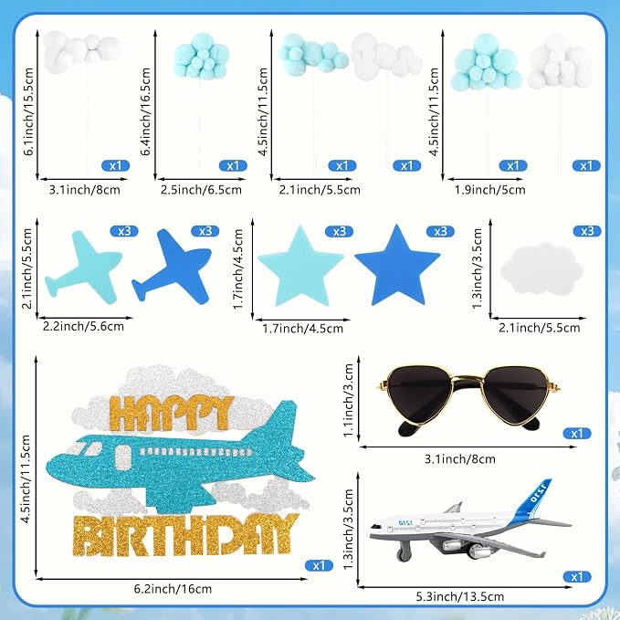 Hooqict 25Pcs Airplane Cake Decorations Set with Mini Plane, Blue White Cloud Happy Birthday Cake Toppers & Cupcake Toppers for Travel Themed Airplane Birthday Party Decorations Supplies