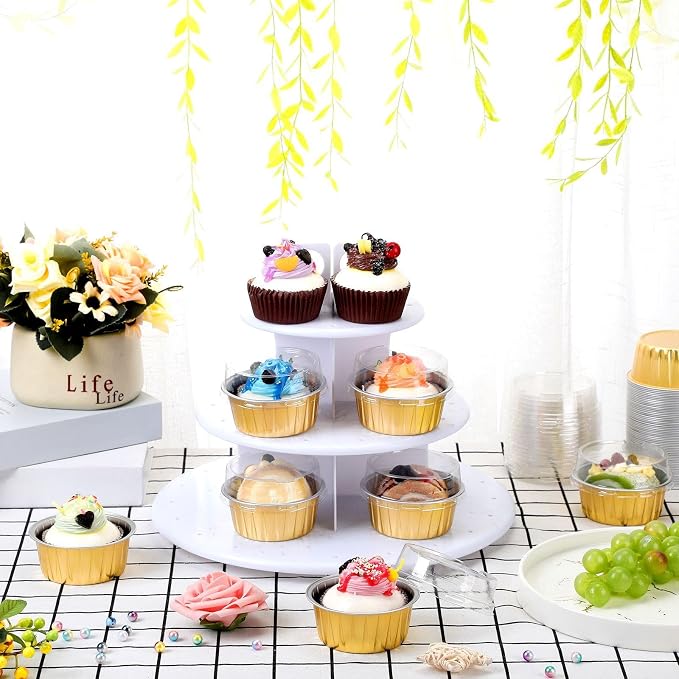 200 Pack Aluminum Foil Cupcake Liners with Lids, 5 oz Round Baking Cup, Disposable Ramekin Container for Graduation Wedding Independence Day Party(Gold,Plain)