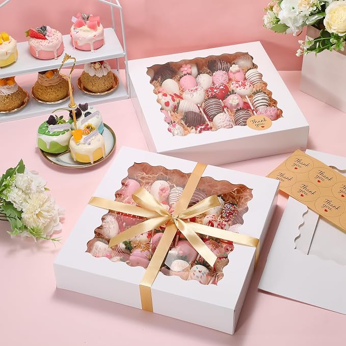 24 Pack Pie Boxes, 12x12x2.5 Inch Bakery Boxes with Window, White Auto-Popup Cookie Box with Ribbon and Sticks for Treats, Pies, Muffins, Donuts and Pastries