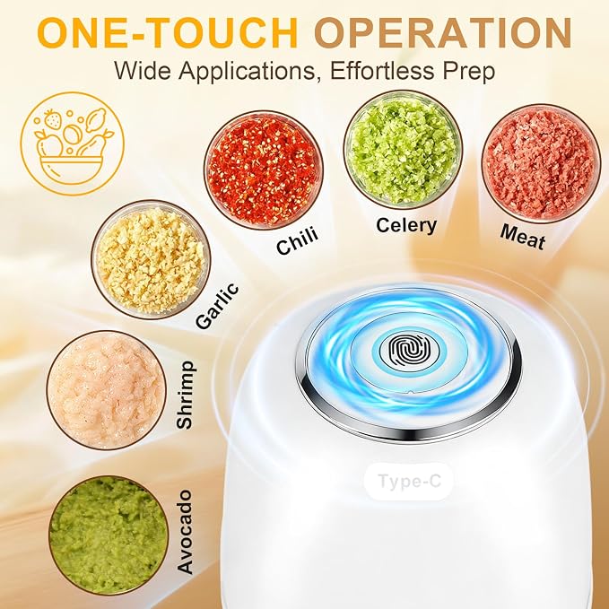 Portable Electric Garlic Chopper, 2 Bowls(1 Cup&1.5 Cup) Cordless Mini Food Processor【Up-Durable Motor】【2 Sets 304 Stainless Steel Blade】Grind for Garlic,Onion,Meat,Baby Food,BPA FREE (White)