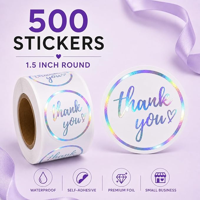 Holographic Thank You Stickers 500 Count — 1.5 Inch Iridescent Foil Thank You Labels for Small Business Packaging, Waterproof Self-Adhesive Stickers for Envelopes, Gift Bags, Boxes, Mailers