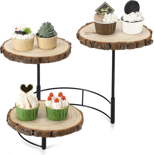 Chunful Staircase 3 Tier Round Natural Wood Cupcake Dessert Stand, Cup Cake Tower Stand Holder, Wooden Cake Display Tiered Centerpiece for Party, Birthday, Wedding, Baby Shower, Holiday Decoration