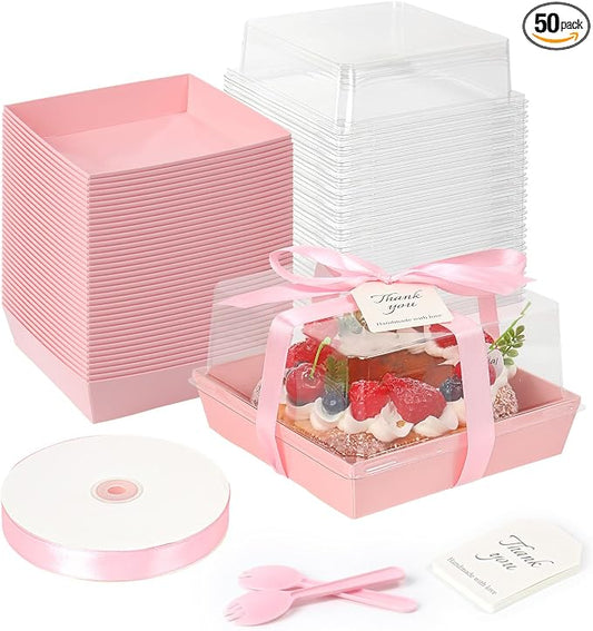 7 x 7 x 4 Inches Paper Cake Boxes with Clear Lids, 50 Pack Pink Large Charcuterie Square Food Containers, Valentine's Day Disposable Bakery Boxes for 4-6 Inch Bundt Cake, Pie, Dessert