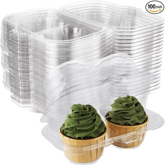 YOUNTHYE 100PCS Cupcake Containers 2 Count Clear Cupcake Boxes Disposable Cupcake Holder with Lid Plastic Cupcake Containers 2 Cavity High Topping Cupcake Container for Cupcakes Muffins Pies