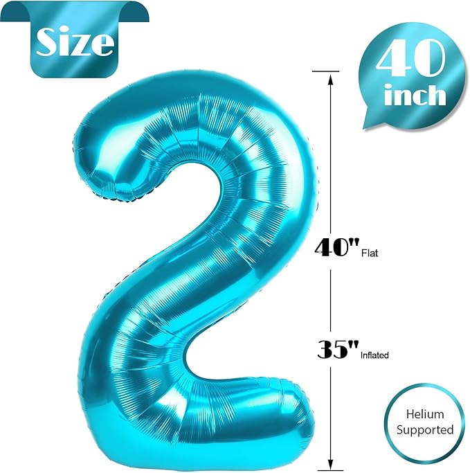 Light Blue Number 2 Balloon 40 Inch, 2nd Birthday Decoration for Toddlers Girls Boys, Sparkling 2 Number Balloon Party Decor
