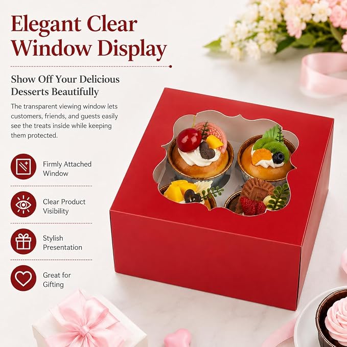 Cupcake Boxes with Window, 20 Pack 6.5x6.5x3 Inch Bakery Boxes for 4 Cupcakes, Muffins, Cookies & Pastries, Disposable Dessert Boxes with Insert Holder (Red)