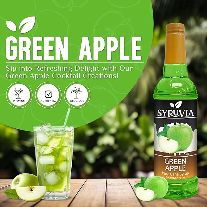 Syruvia Green Apple Syrup, Flavored Syrup for Cocktails, Fruit Drinks, Lemonades, and Desserts – 25.4 fl oz - with Pump