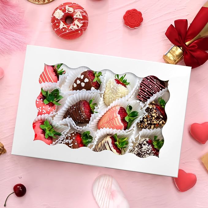 Moretoes 24pcs Bakery Boxes, 12x8x2.5 Inches,Treat Boxes with Window for Chocolate Covered Strawberries, Pastries, Cookies, Desserts, Donuts and Muffins
