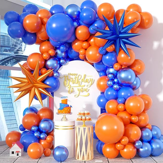 Orange and Blue Balloon Arch Garland Kit, Royal Blue Metallic Gold Orange Balloons with Star Foil Balloons for Boy Men Birthday Party Graduation Decorations Baby Shower Backdrop