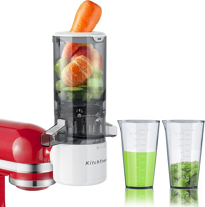 KITCHTREE Masticating Juicer Attachment for KitchenAid Stand Mixer, 4.2" Large Feed Chute Fit Whole Vegetables & Fruits, Slow Cold Press Juicing, Includes 2 * 28oz capacity cups