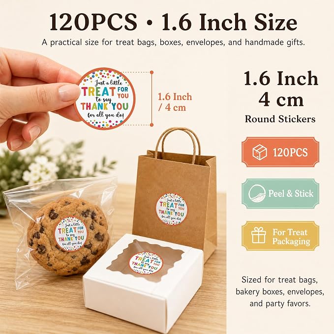 Thank You Treat Stickers 120PCS 1.6 Inch, Teacher Appreciation Labels for Dessert Table, Snack Bags, Employee Nurse Appreciation Gifts, Party Favor Stickers