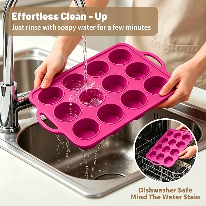 Silicone Muffin Pan Set: Non Stick 12 & 24 Silicone Muffin Pans for Baking Easy Release - Complete Shaping Each Use Avoid Re‑baking - BPA-free Cupcake Tin Reinforced Frame for Oven Home Bakers