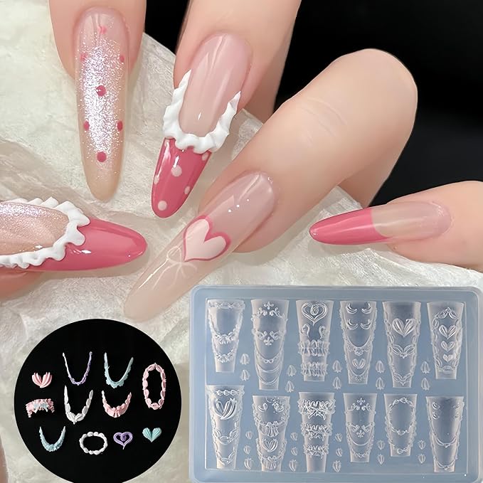 Heart & Lace Nail Art Silicone Mold, 3D Love Chain Nail Charms Mold, Romantic Heart Lace Nail Decoration Mold, Flexible Reusable Silicone Mold for Acrylic Gel Resin Nail Art