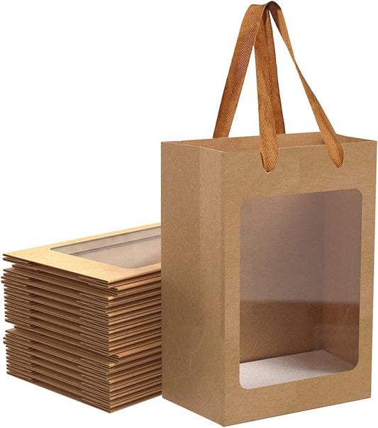 12Pcs Brown Paper Gift Bags with Transparent Window, 9.84"x7.0"x5.12" | Kraft Shopping Bags with Handles for Bouquet Christmas Birthdays Festivals Party Weddings Wrapping