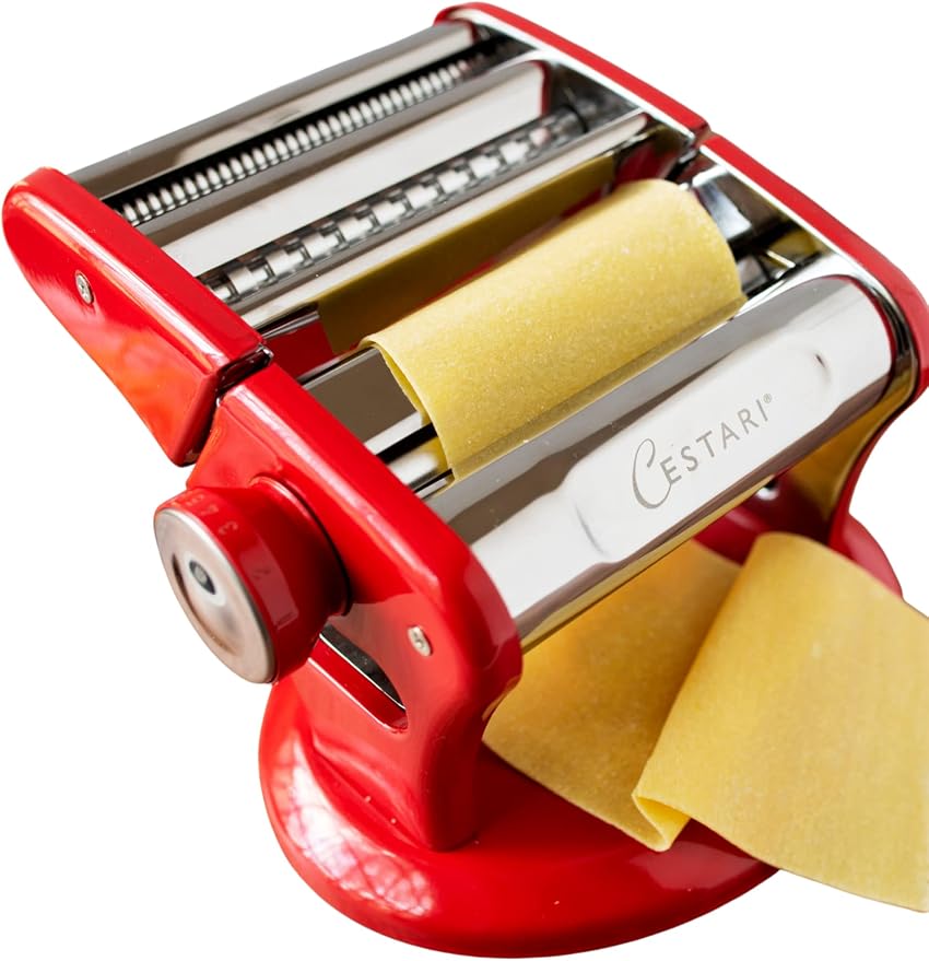 Cestari Ultimate Pasta Machine - Unique Patented Suction Base for No-Slip Use of Stainless Steel Pasta Roller Machine - 150 mm - Includes Pasta Cutter, Hand Crank, and Recipes