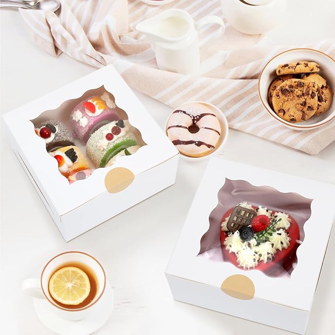 60 Pcs Bakery Boxes with Window, 6 x 6 x 3 Inches, White Cookie & Pastry Boxes for Baked Goods